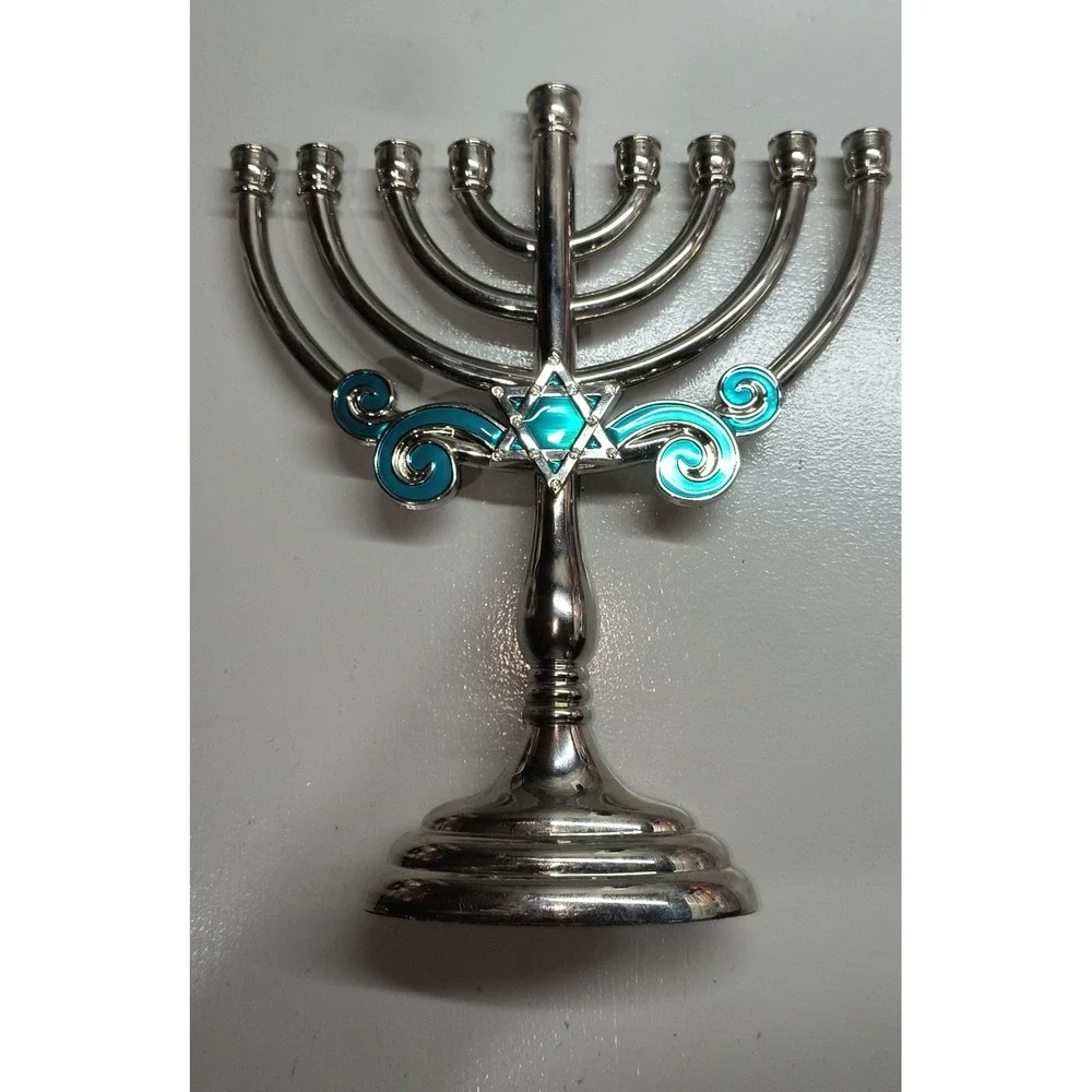 Silver Tone Hanukkah Menorah Star of David Turquoise Enamel Accents Holiday